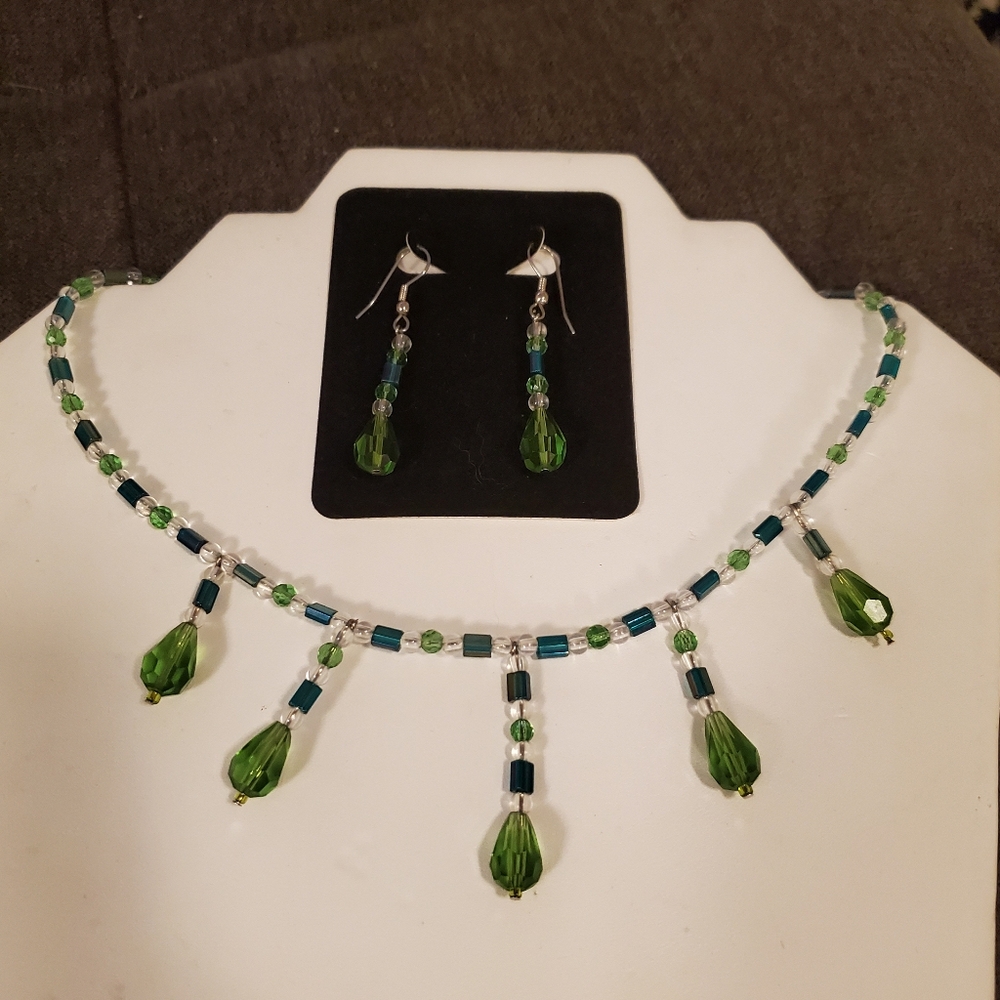 Glass Bead Necklace & Earring Set - Green, Blue, Silver